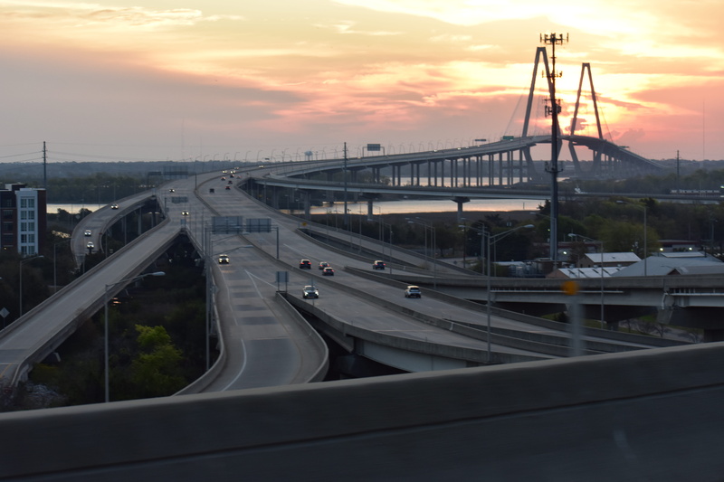 arthur ravenel bridge, land vehicle, sunrise, car, multiple lane highway, ravenel bridge, motor vehicle, overpass, cloud - sky, sunset, architecture, highway