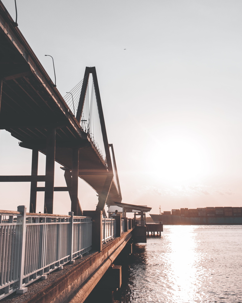 connection, ship, building exterior, bridge - man made structure, shipping, sunlight, arthur ravenel jr. bridge, architecture, huge, engineering, bridge