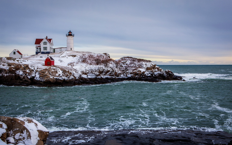 Winter, Lighthouse, Sea, Coast, House, 2K, Snow