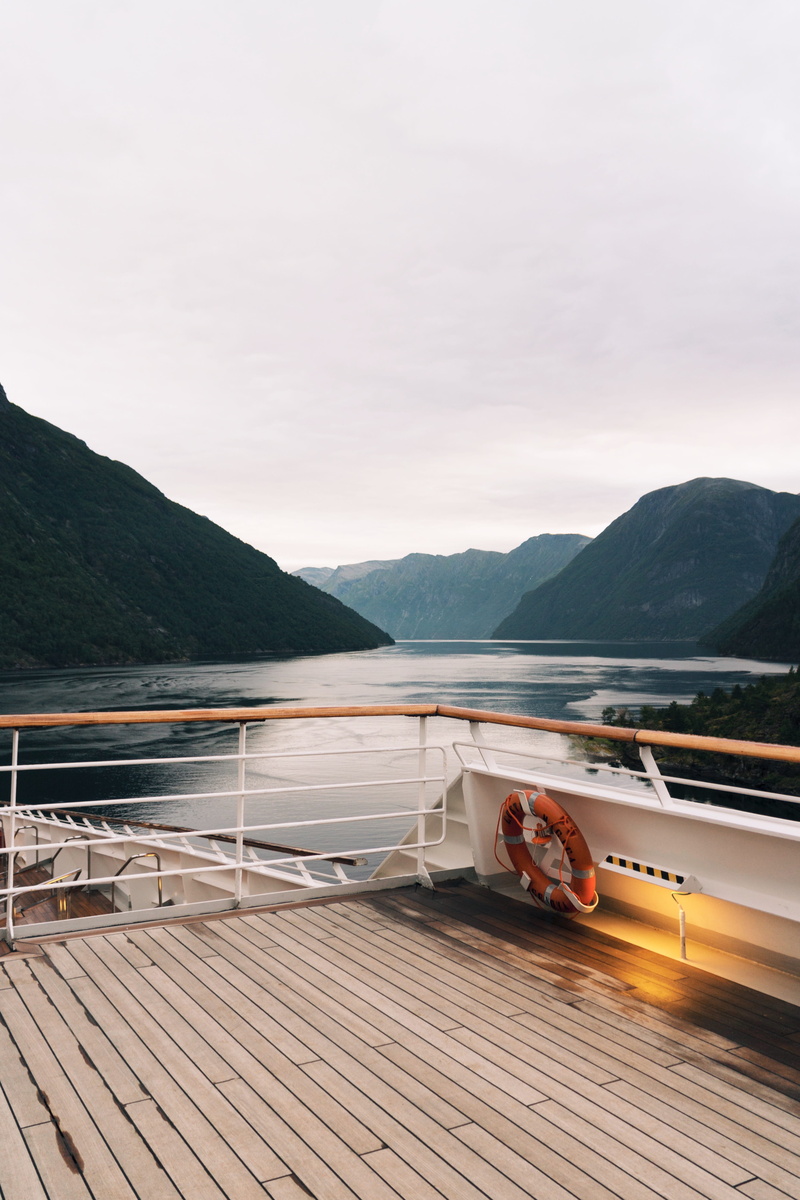 transportation, lifeboat, scenics - nature, beauty in nature, railing, fjords, mountain, non-urban scene, tranquility, 5K, nautical vessel, no people