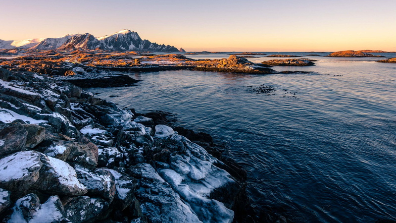 ocean, coast, solid, outdoors, andenes, idyllic, no people, sky, 4K, sunset, nature, tranquility, shore, snowcapped mountain, coastline, snow, cliff, norway