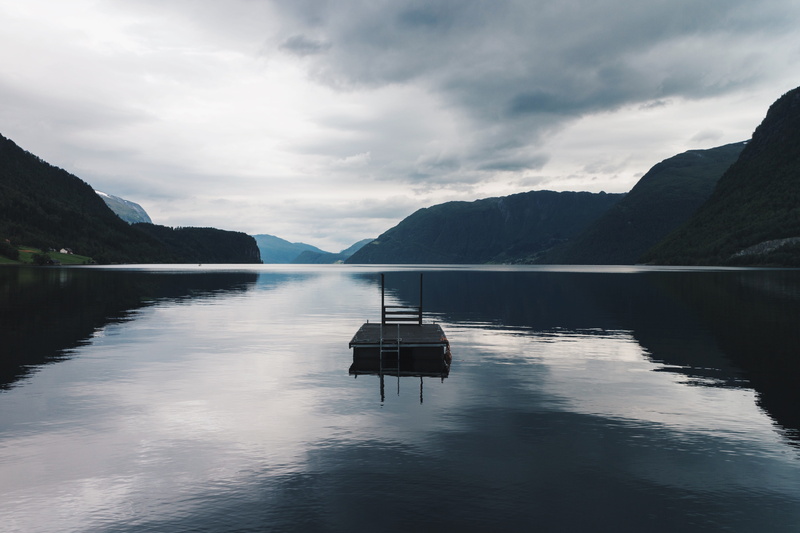 drone, water, ocean, cloud - sky, waterfront, idyllic, norway, vegetation, beauty in nature, non-urban scene, day, fjord, mountain, lake, sea, 4K, scenics - nature