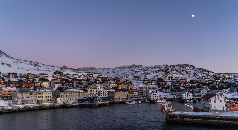 house, landscape, norwegian, water, clear sky, waterfront, city, architecture, tourism, building, nature, sea, moon, houses, mountain, honningsvag coast