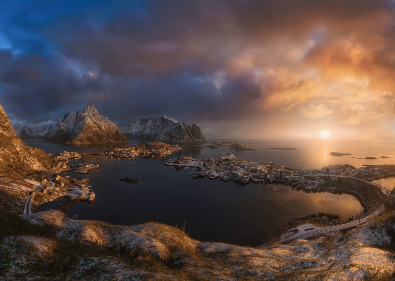 The Norwegian sea, snow, rocks, Hamnøy, Scandinavia, mountains, 1080P, sea, Norway, light, Islands, the village, The Lofoten Islands