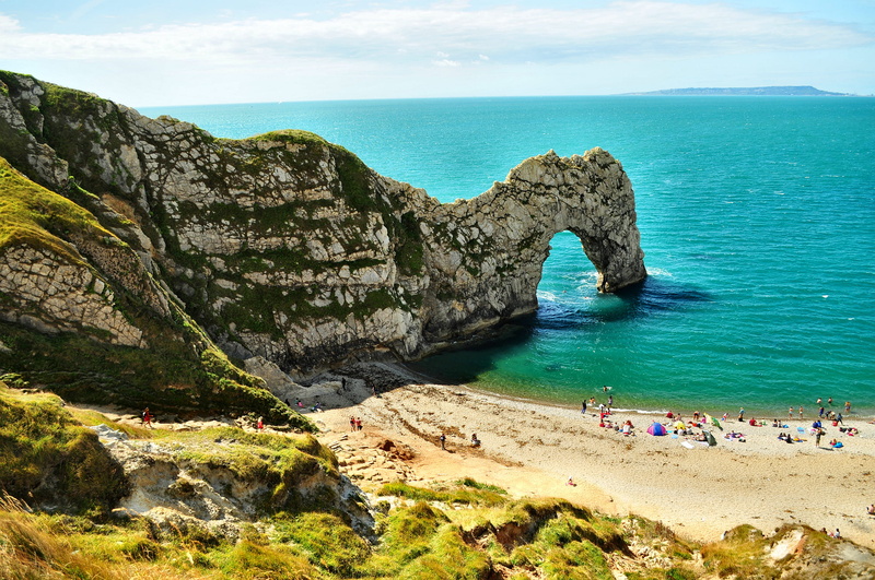 turquoise colored, outdoors, rock, west lulworth, land, rocks, nature, rock formation, shore, united kingdom, sky, england, seaside, blue, natural arch