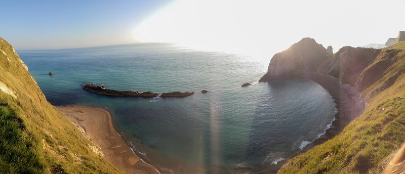 travel, beach, coastline, land, clear sky, water, nature, tranquil scene, rock, wareham, sun, durdle door, sky, rock - object, sunlight, sunshine, panorama