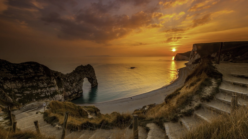 sea, orange color, wareham, idyllic, cliff, cloud - sky, horizon over water, tranquility, durdle door, sunset, cloud, evening, ocean, land, beach, scenics - nature