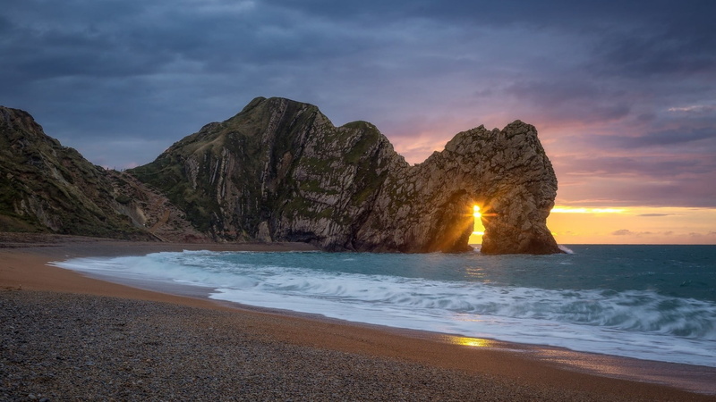 sky, 1080P, arch, united kingdom, tranquil scene, headland, idyllic, sand, cliff, land, beauty in nature, no people, natural arch, sunset, rock, durdle door