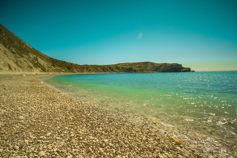 mountain, body, 5K, lulworth cove, sand, tranquility, scenics, tranquil scene, blue, land, time, landscape, europe, ocean, nature, vacations, clear sky