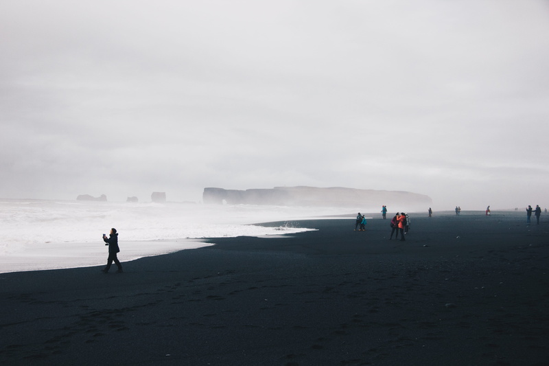 day, black sand, seaside, black sand beach, men, water, seashore, iceland, sea, reynisfjara, cloud - sky, 5K, shore, women, lifestyles, nature, people