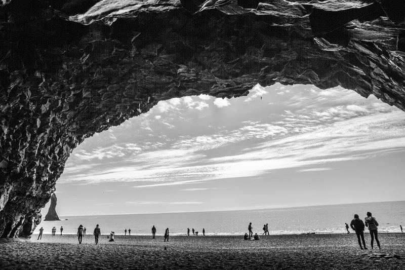 rock, holiday, water, black, reynisfjara beach, outdoors, iceland, group of people, day, cloud - sky, crowd, sea, trip, horizon over water, nature, horizon
