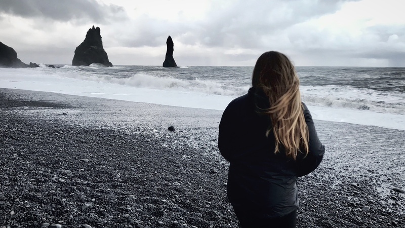 outdoors, land, ocean, reynisfjara, black sand, scenics - nature, leisure activity, sky, lifestyles, iceland, beauty in nature, landscape, standing, nature