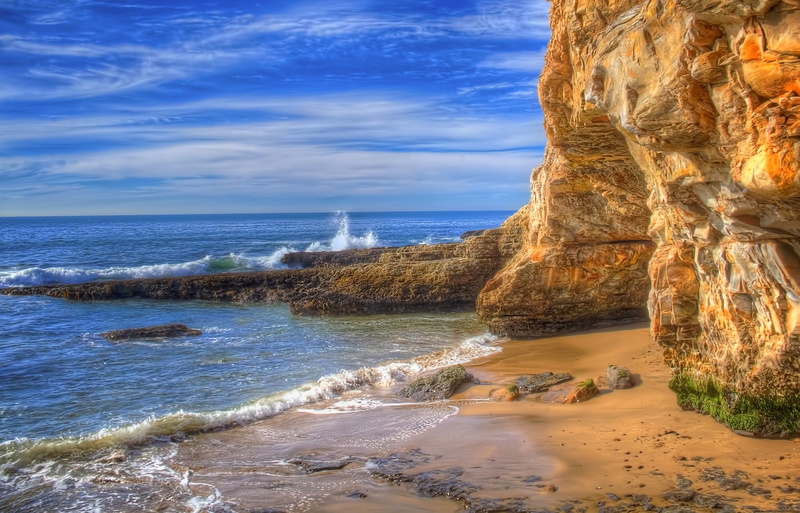 clouds, landscape, land, nature, HDR, tranquil scene, cliff, horizon, day, 1080P, waves, beach, no people, sky, outdoors, tranquility, sand, cloud - sky