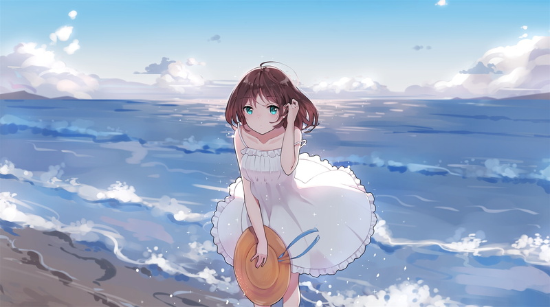 young adult, one person, anime girl, winter, nature, warm clothing, short hair, sunlight, sky, waves, snow, hairstyle, summer dress, women, Anime, lifestyles
