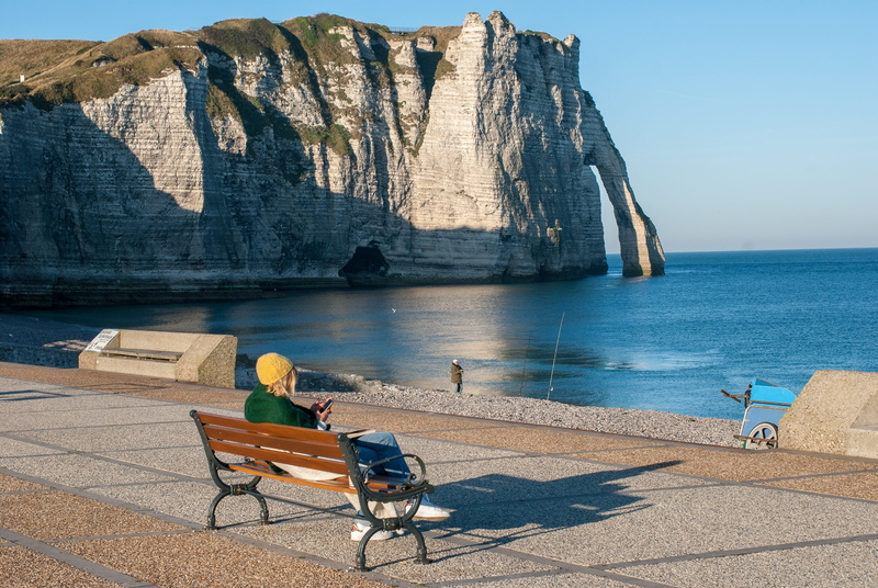 sea, rear view, france, people, men, beauty in nature, sitting, outdoors, creuse, landscape, lifestyles, real people, normandy, water, 4K, leisure activity