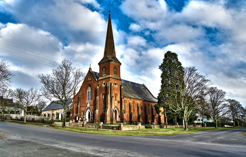 nature, tree, daylesford, building exterior, the past, history, road, no people, travel destinations, winter, religion, country town, spire, cloud - sky