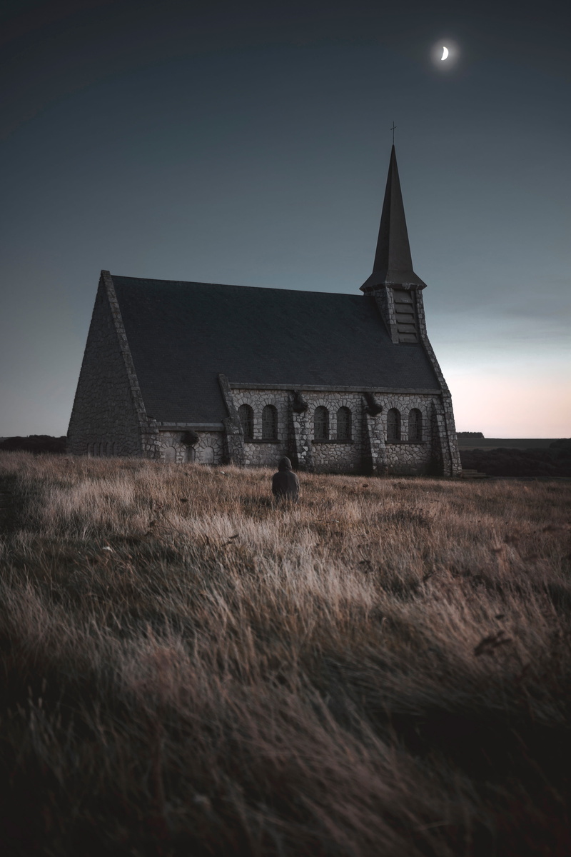 human, night, minimalism, architecture, concrete, steeple, sky, old, built structure, history, building exterior, landscape, outdoors, countryside, normandie
