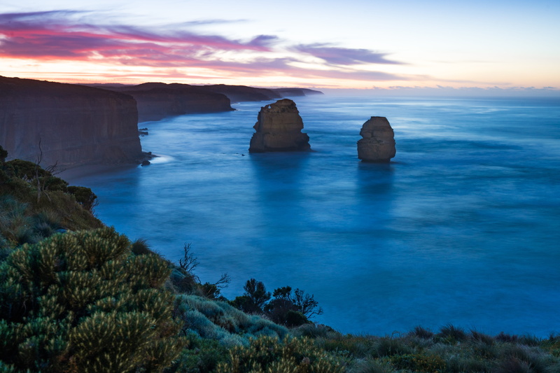 nature, water, rock formation, beach, tranquility, cove, scenics - nature, scenery, australia, land, two, sunset, outdoors, no people, ocean, sky, solid