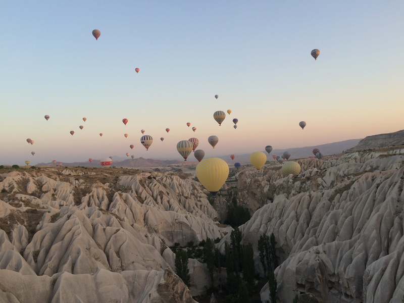 mode of transportation, ballooning festival, cappadocia, flying, hot air balloon, large group of objects, white, no people, hot, travel, rock - object