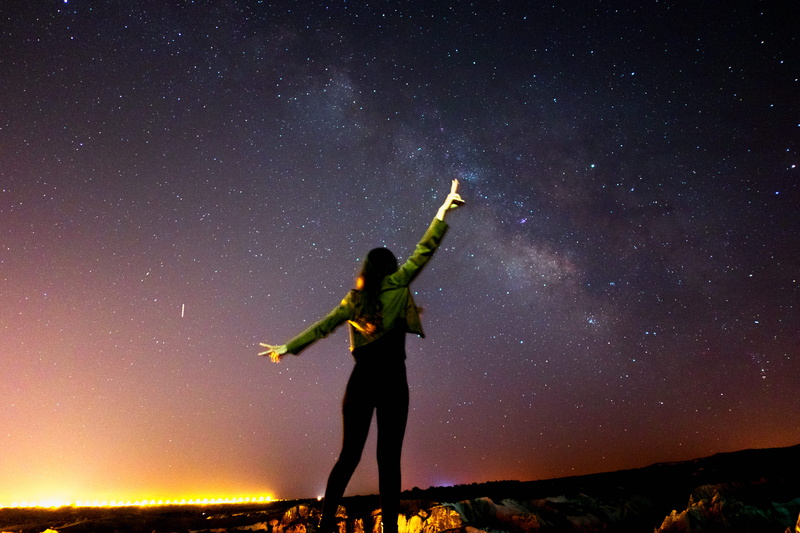 space, sky, infinity, real people, peace, astronomy, outdoors, human arm, milkway, 4K, tranquil scene, woman, constellation, standing, lifestyles, star field