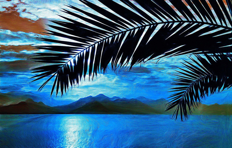 tranquility, scenics - nature, plant part, art, leaf, painting, tree, palm trees, outdoors, day, picture, sky, sea, palm tree, plant, branch, tropical tree