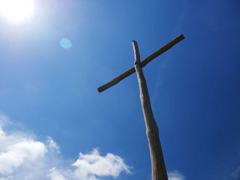 cross shape, wooden cross, bright, lens flare, christianity, light, catholicism, cross, daylight, sunlight, blue, clouds, sky, low angle shot, crucifix