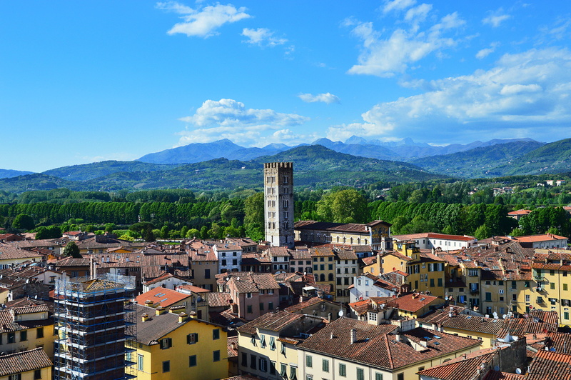 blue, day, lucca, cityscape, house, building exterior, architecture, travel destinations, sky, mountain, high angle view, cloud - sky, city, landscape