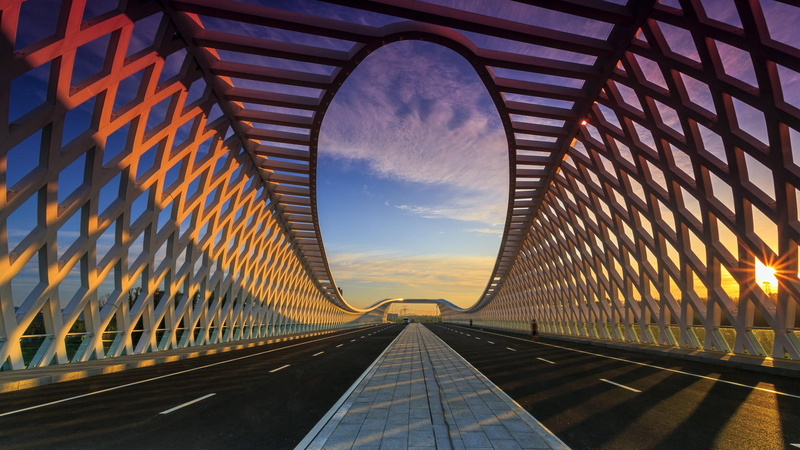 railing, transportation, built structure, system, 1080P, sunset, sky, architecture, no people, connection, windows, bridge - man made structure