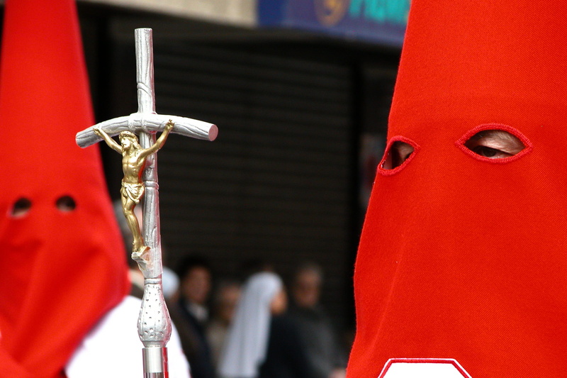 metal, group of people, focus on foreground, close-up, easter, palencia, red, people, spirituality, parade, religion, brotherhood, spain, procession, representation