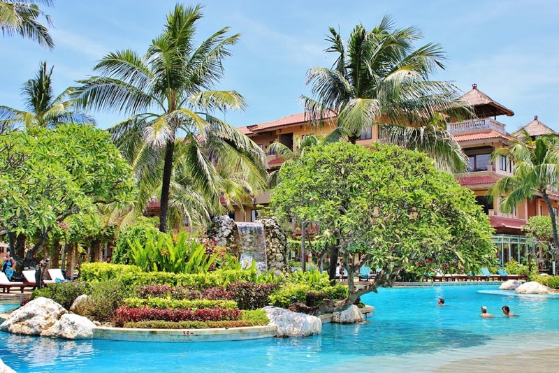 indonesia, travel destinations, tropical climate, plant, resort, sea, bali, architecture, nusa dua, holiday, coconut palm tree, tropical tree, trip, outdoors