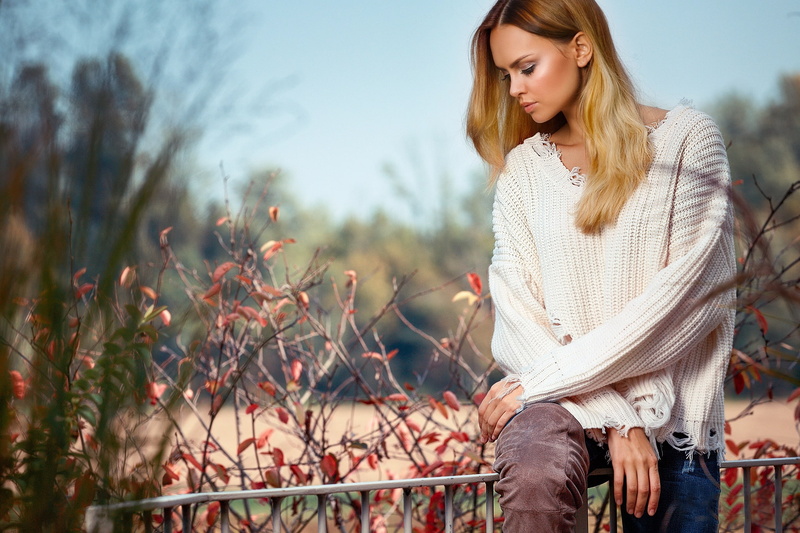 nature, Nicole Anna Szar, the fence, brown hair, 1080P, Paolo Carlo Lunni, girl, branches, profile, jumper