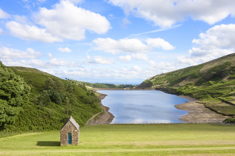 beauty in nature, Reservoir, field, grass, meadow, uk, idyllic, plant, clouds, sky, green Color, house, no People, lake, scenic, day, non-Urban Scene, landscapes