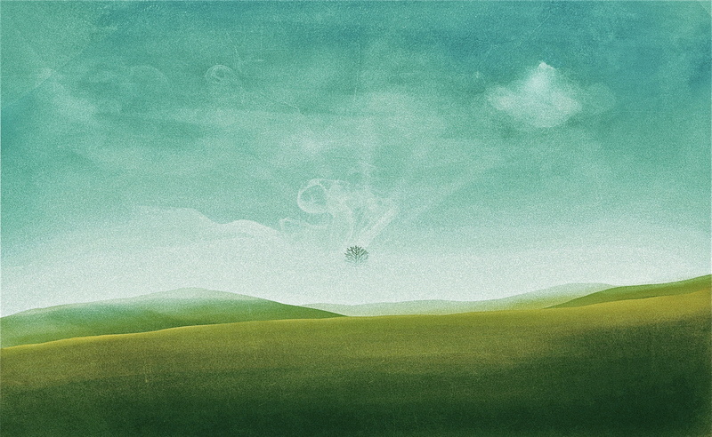 scenics - nature, painting, cloud - sky, nature, tranquil scene, water, sky, mountains, rolling landscape, green, field, Landscape, non-urban scene, day