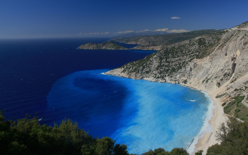beauty in nature, tranquil scene, tranquility, nature, beautiful, day, natural, horizon over water, beach, myrtos, land, greece, blue, no people, mountain