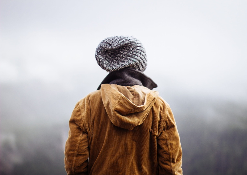 outdoors, people, hood - clothing, coat, clothing, copy space, 1080P, gray, one person, hat, knit, warm clothing, sky, focus on foreground, winter, brown