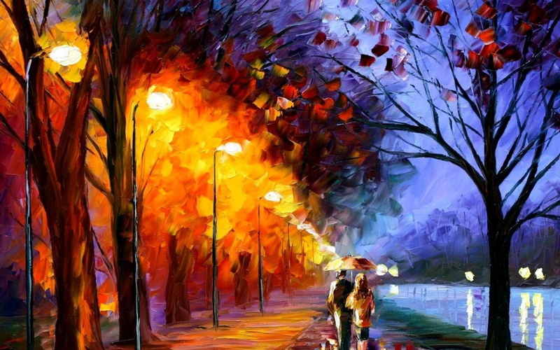 picture, street, umbrella, Waterfront, Two, the, painting, 720P, Afremov, walk, Along, Tour, Paints, Leonid, Lights, Trees