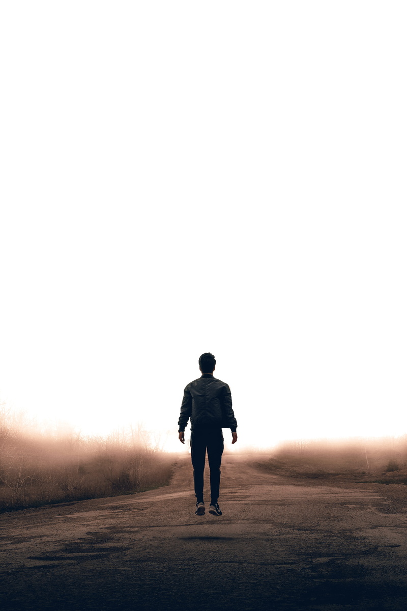 road, land, man, casual clothing, asphalt, beauty in nature, loneliness, outdoors, nature, along, leisure activity, silhouette, rear View, field, day, tranquility