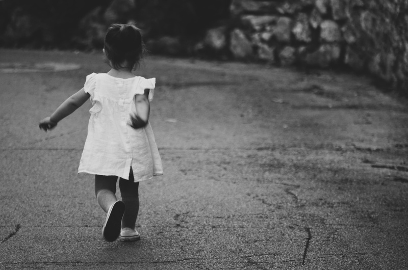 rear view, people, scale, females, kid, standing, Little Girl, Girl on the Road, one Person, black And White, girls, casual clothing, women, concrete, photography