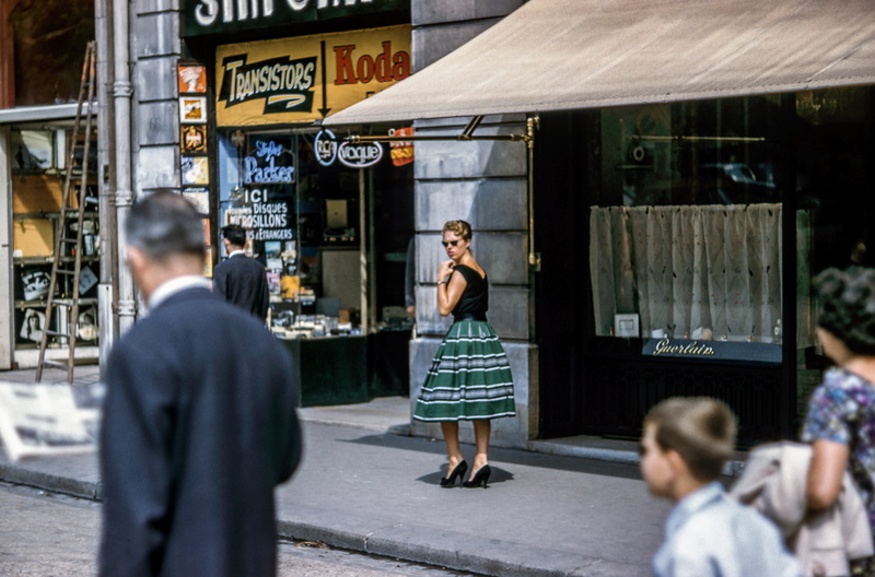 editorial, building exterior, along, woman, vintage, looking, road, urban Scene, women, skirt, males, green, store, mid adult, dress, city Life, architecture