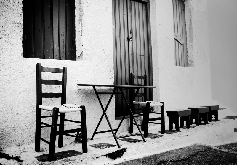 absence, shadow, building exterior, day, greece, sunlight, white, no people, wood - material, nature, cobbelstone road, built structure, empty, black, traditional
