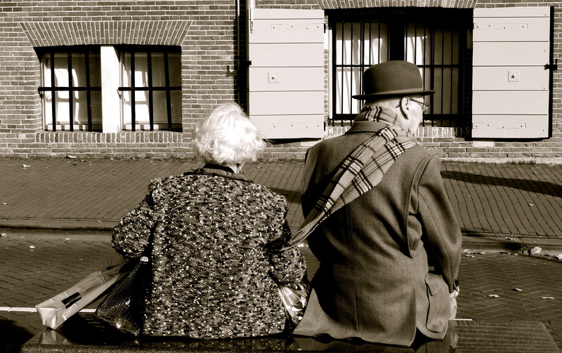 waist up, rear view, walking cane, two people, men, real people, age, warm clothing, eternal, males, grandchild, couple, sitting, 4K, adult, retirement