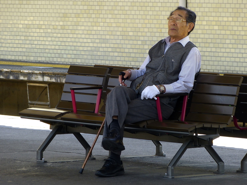 walking, adult, bench, sitting, rest, mature adult, holding, walking stick, seat, indoors, japanese, cane, contemplation, looking away, grandpa, business