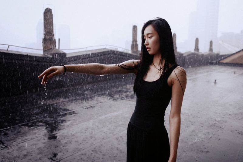 day, arms outstretched, rain, lifestyles, nature, Asian, model, young women, real people, women outdoors, women, standing, leisure activity, one person