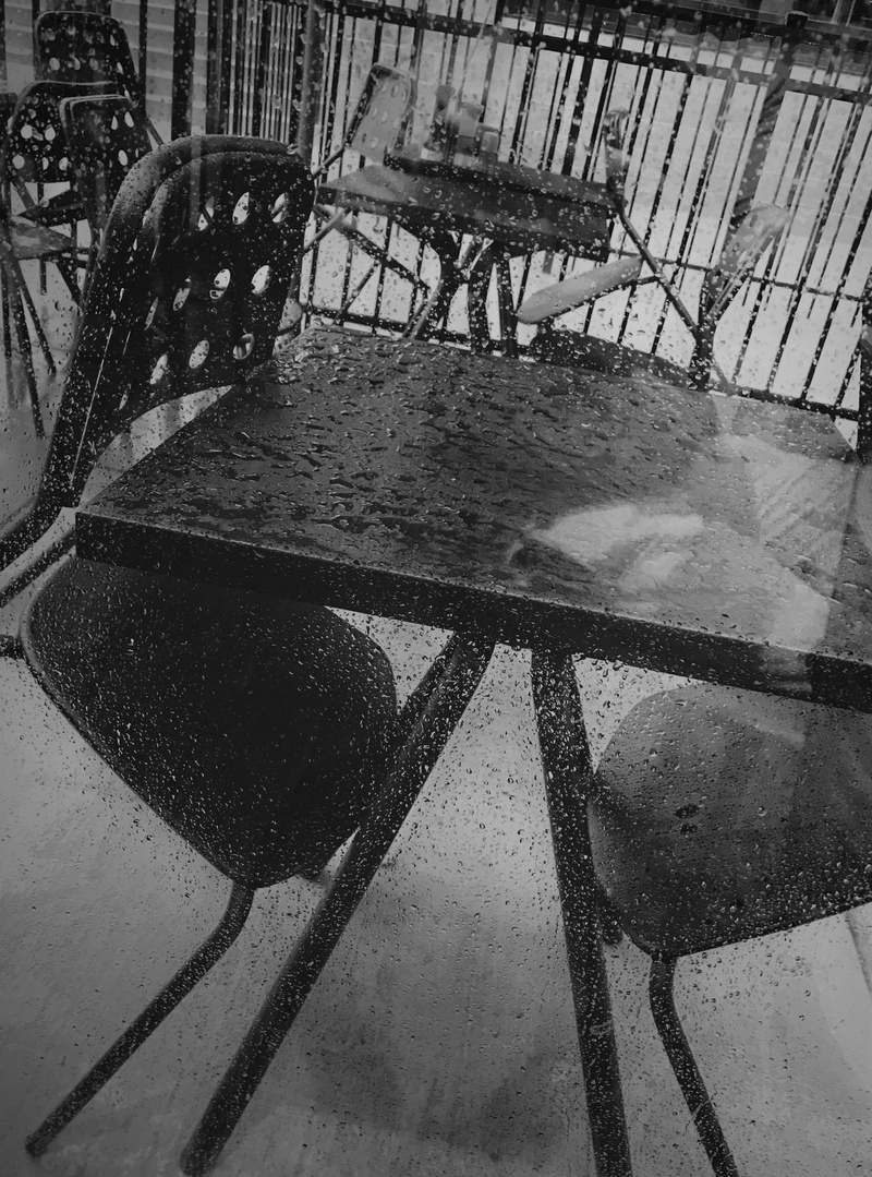 chairs, city, 4K, fence, footpath, high angle view, day, owings mills, railing, transportation, window, shadow, wet, no people, reflection, puddle, water