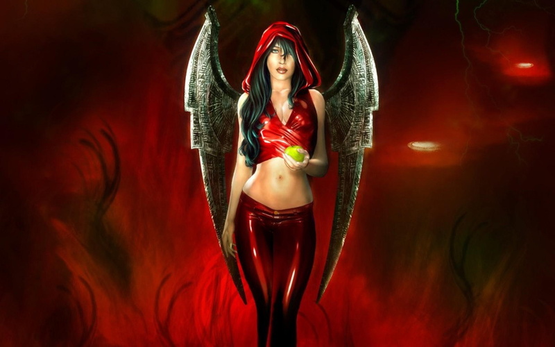 hood, girl, red, pants, apple, dress, angel, 1080P, black-wings