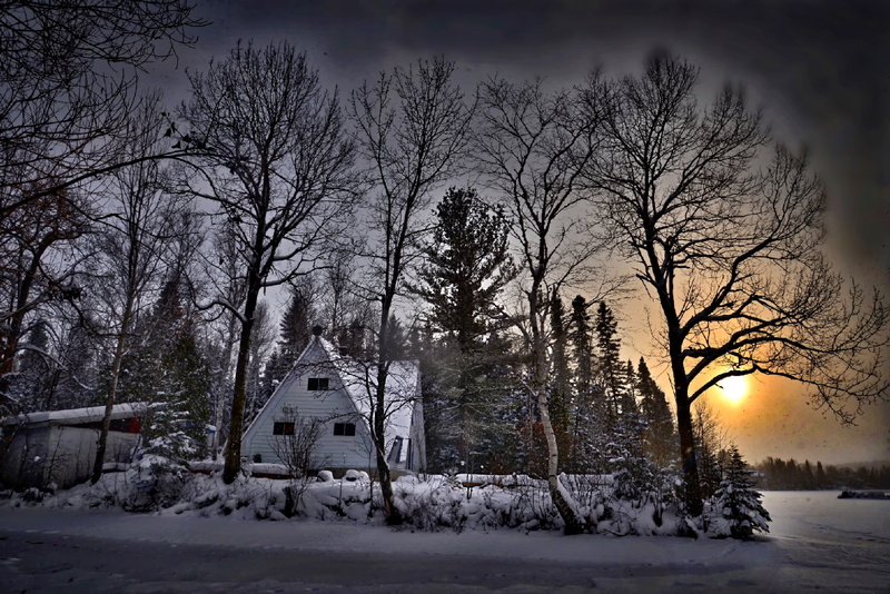 sun, against day, tranquility, tree, winter, beauty in nature, branch, sky, nature, bare tree, outdoors, bare, house, frozen, twilight, religion, 5K, contrast
