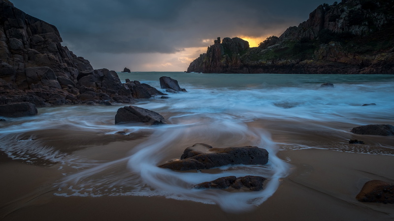 4K, rocks, sea, the island of Jersey, the evening, beach, nature, landscape, shore, wave, sand, the sky, sandy, frowning, stones, Normandy, Channel Islands