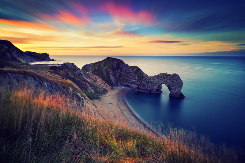 long exposure, sky, morning, sea, sunset, hour, land, body, horizon, tranquil scene, nature, water, rock, durdle door, idyllic, 1080P, beach, cloud - sky