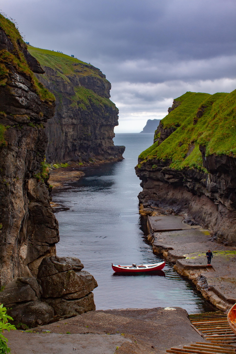 beauty in nature, faroe islands, bay, nautical vessel, water, formation, cliff, land, no people, scenics - nature, sky, rock, transportation, solid, outdoors