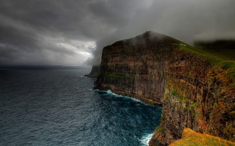 nature landscape clouds storm cliff sea coast faroe islands, 480P